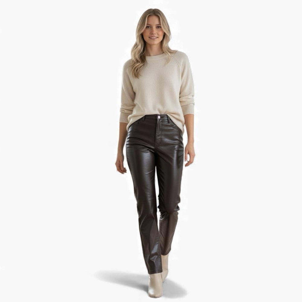 Aritzia Wilfred Melina Faux Leather Vegan Straight Leg Pants Brown Chocolate 10 - Picture 1 of 6